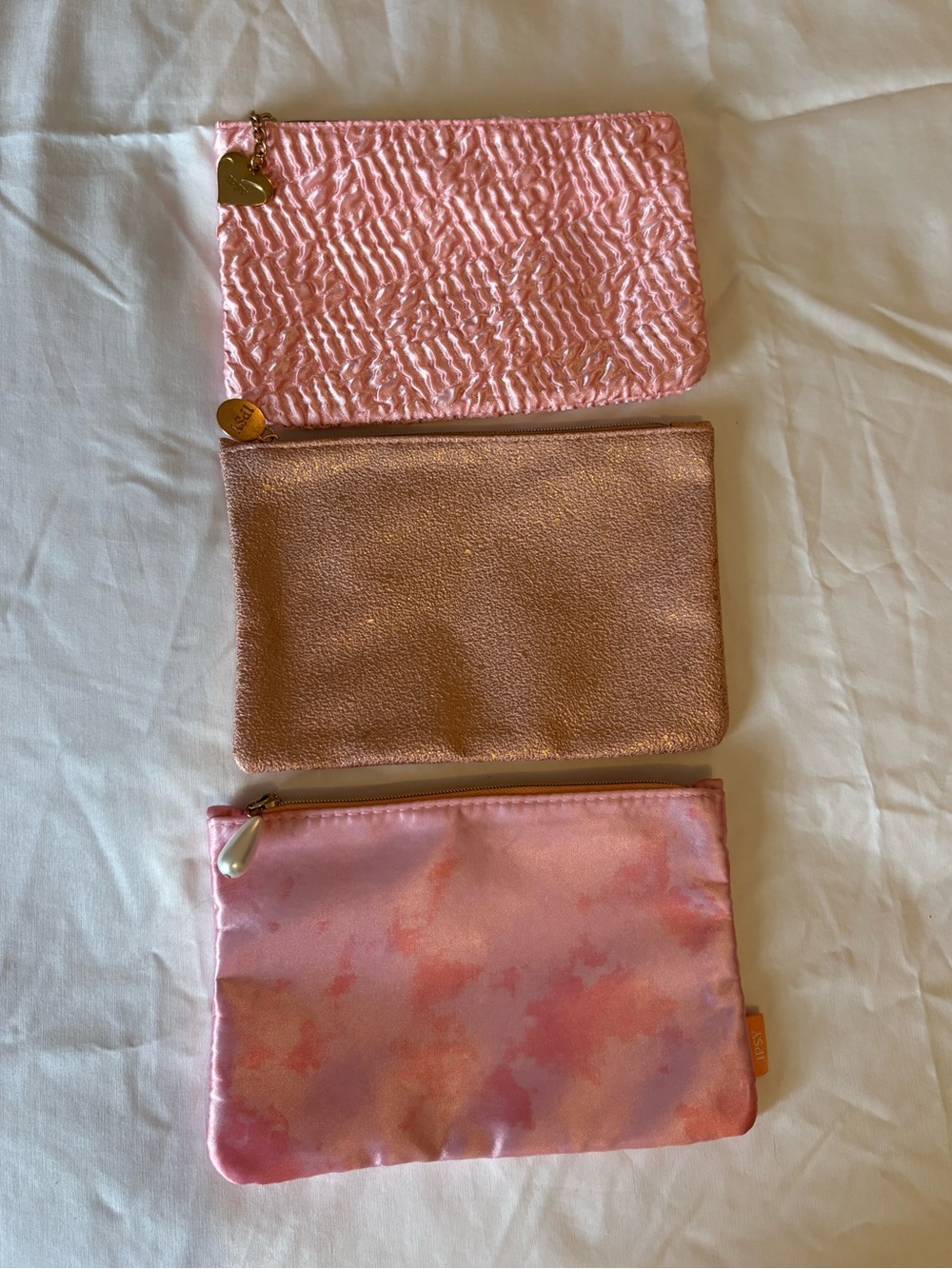 Pink Trio of Cosmetic Pouches - Shimmer, Satin & Textured Styles